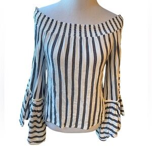 Vintage Havanah Women Top Blue/White/Gold Off Shoulder Boho Wide Sleeve Festival